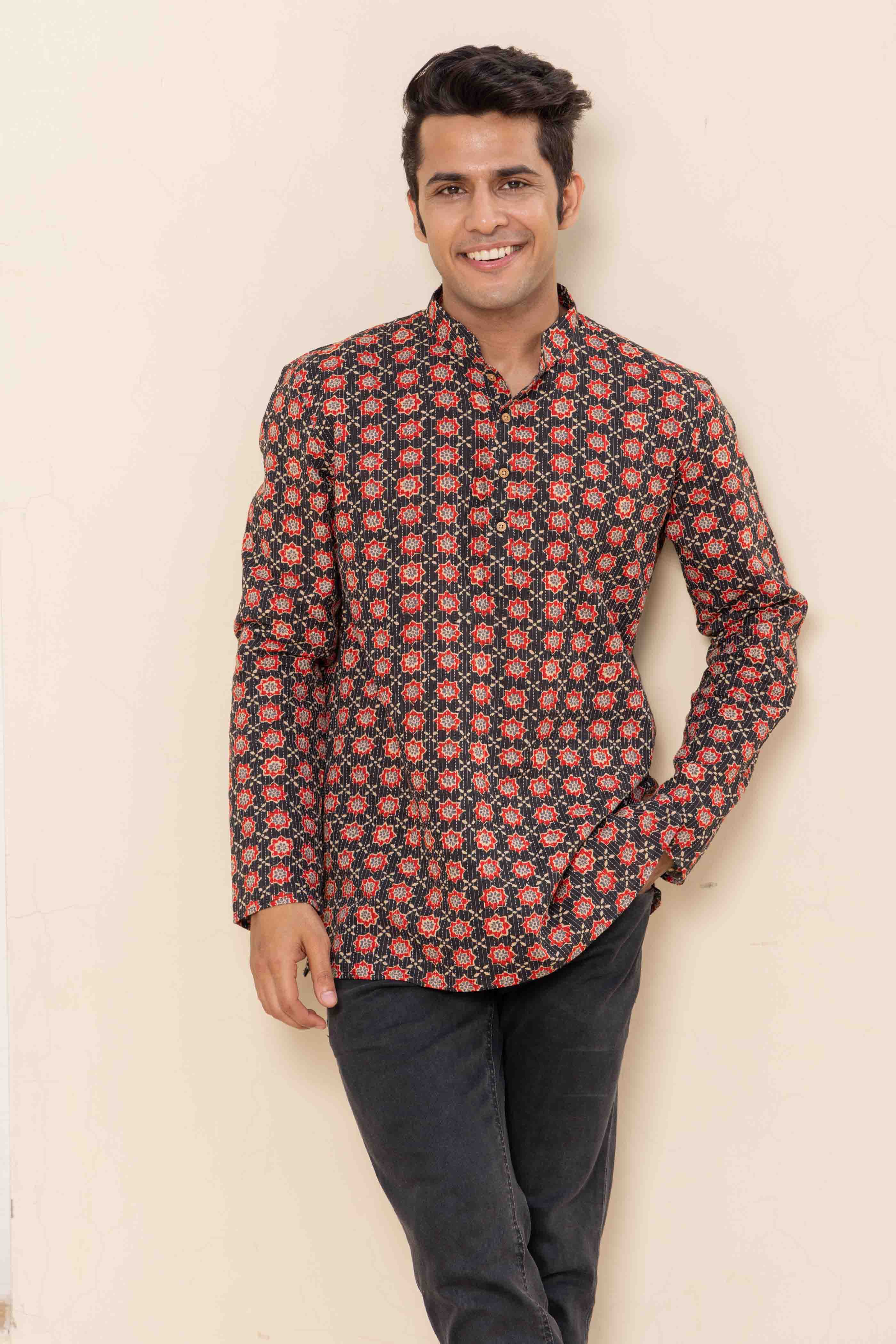 Black Block Print Cotton Short Kurta